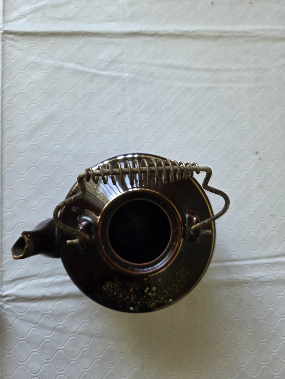 Vintage Black Floral Ceramic Teapot Overhead Metal Handle Tea Pot Cottagecore